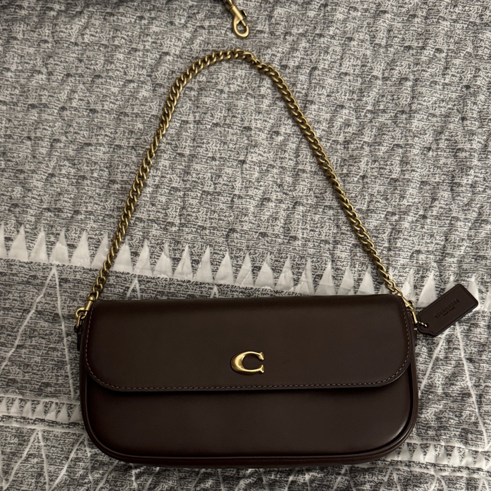 Coach Dark Brown Leather Shoulder Bag with Gold Chain